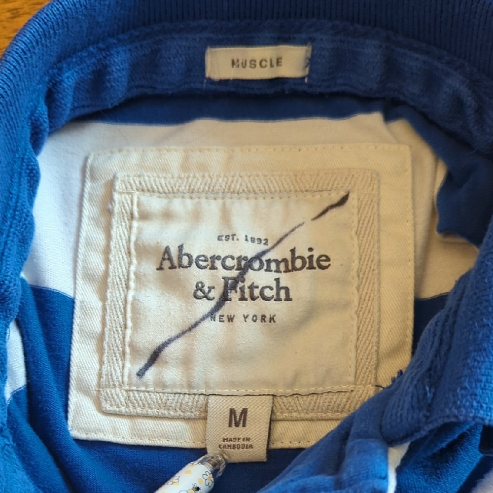 Y2K Abercrombie & Fitch Men's Blue and White Striped Polo - Picture 2 of 8